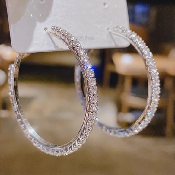 New Sterling Silver White Sapphire Minimalist Luxury Classic Hoop Earrings - Picture 6 of 16